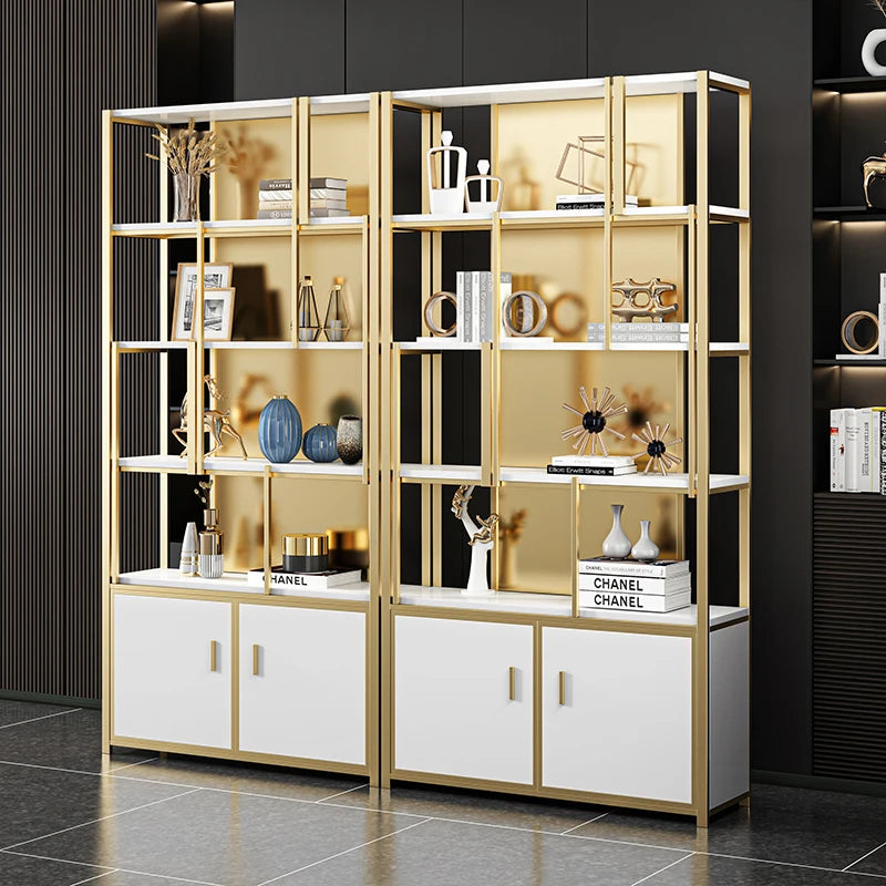 Customized Light Luxury Style Bookcase Shelf Marble Living Room Partition Display Stand Metal Bookshelf Floor Stainless Steelelf
