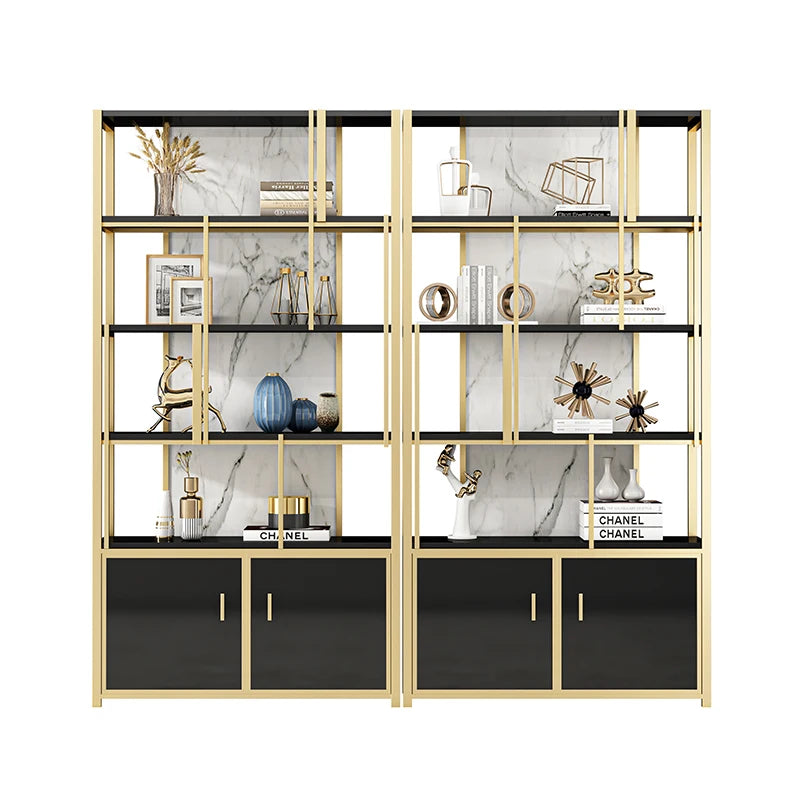 Customized Light Luxury Style Bookcase Shelf Marble Living Room Partition Display Stand Metal Bookshelf Floor Stainless Steelelf