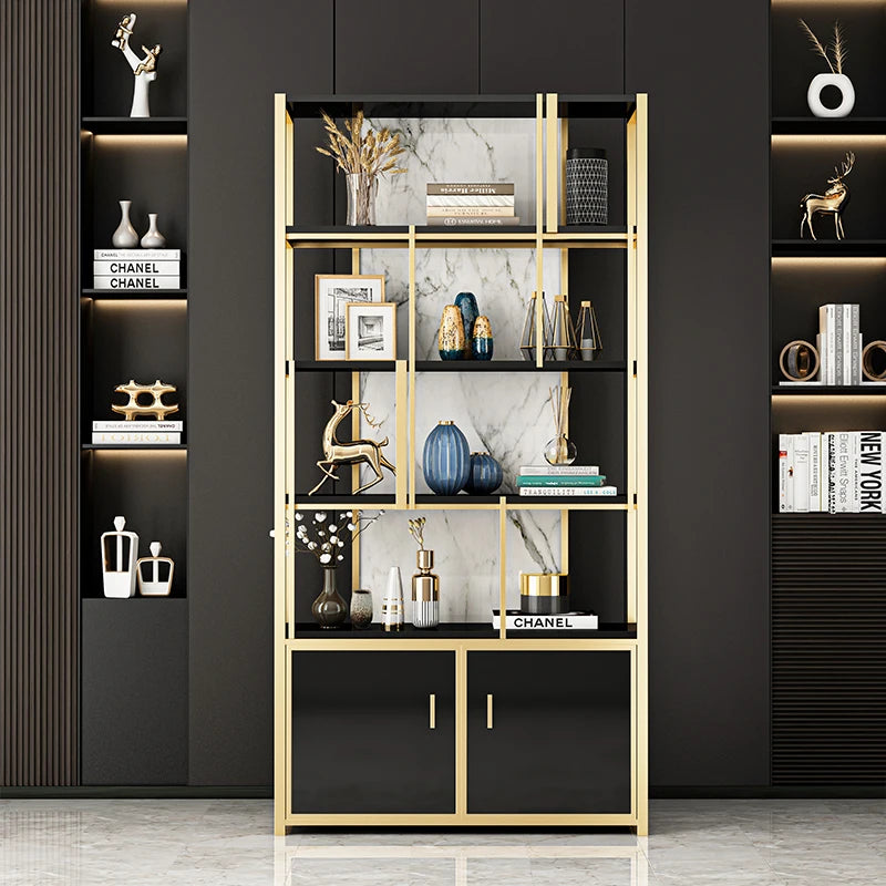 Customized Light Luxury Style Bookcase Shelf Marble Living Room Partition Display Stand Metal Bookshelf Floor Stainless Steelelf
