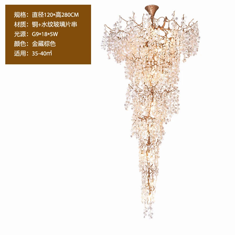 Customized Staircase Tree Branch Long Chandelier Copper Duplex Building Villa Hall Hotel