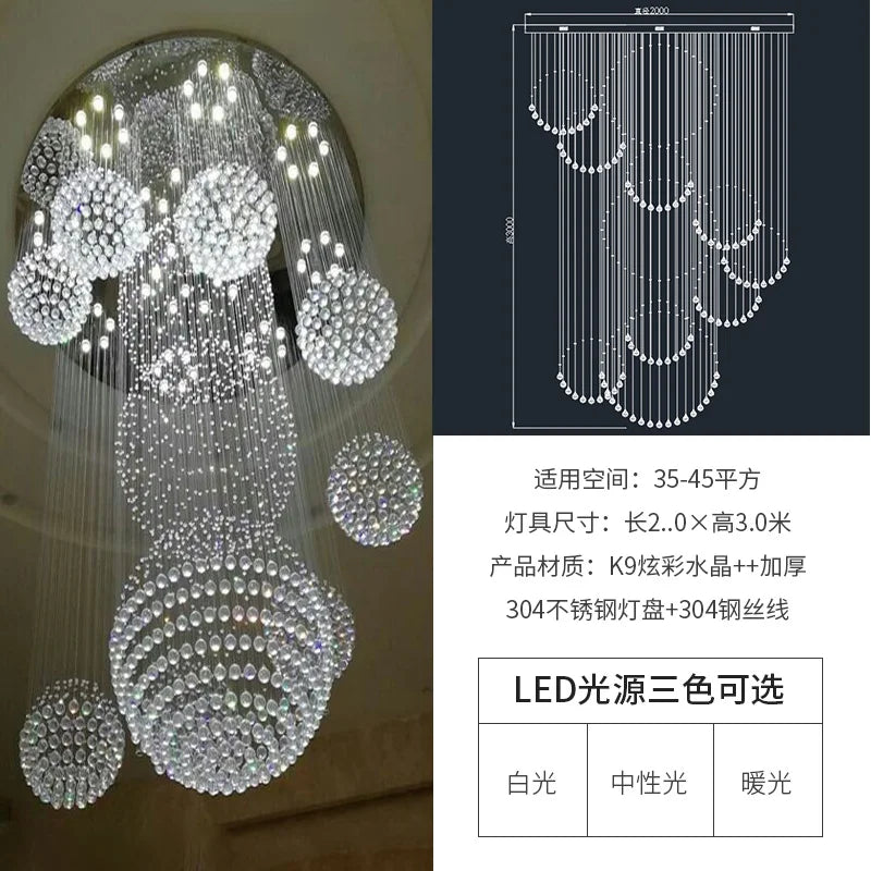 Customized crystal chandelier for duplex building, air stair lamp, office building, hall lamp, villa, air chandelier