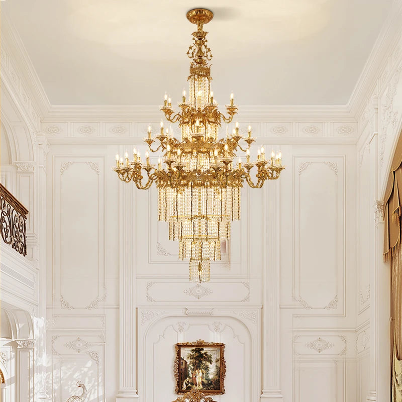 DINGFAN European Style All Copper Crystal Hotel Lobby Chandeliers Luxury Villa Living Room Staircase Pendent Light
