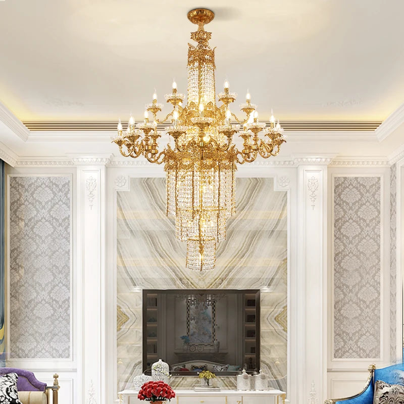 DINGFAN European Style All Copper Crystal Hotel Lobby Chandeliers Luxury Villa Living Room Staircase Pendent Light