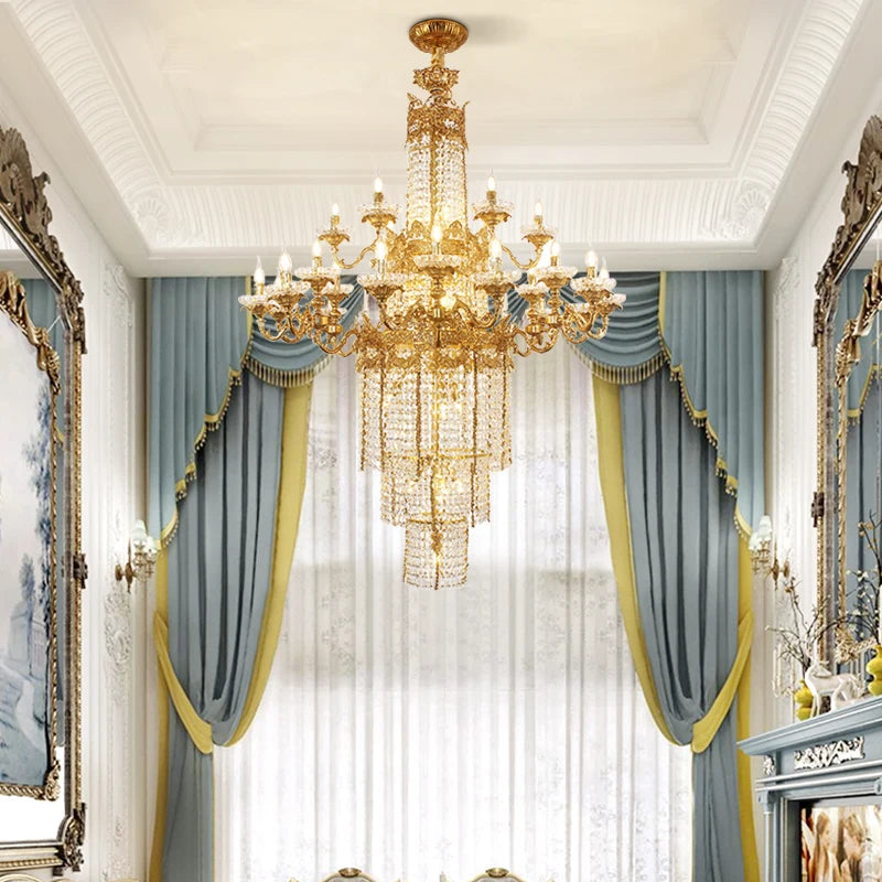 DINGFAN European Style All Copper Crystal Hotel Lobby Chandeliers Luxury Villa Living Room Staircase Pendent Light