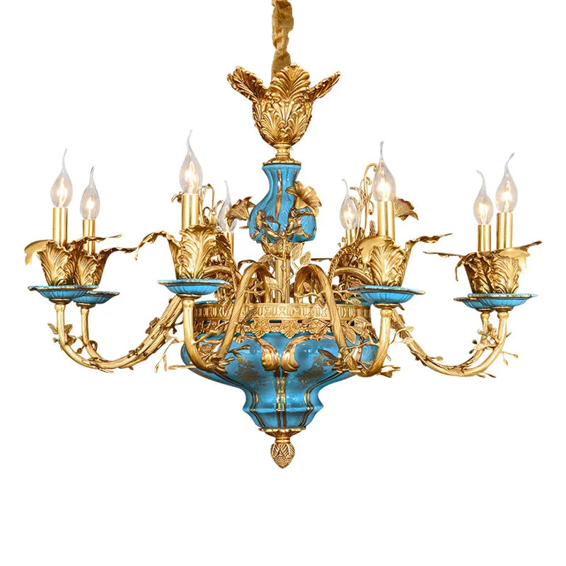 DINGFAN French Chandelier Ceramic Living Dining Room Lamp European Villa Duplex Hall Full Copper Luxury Pendent Light