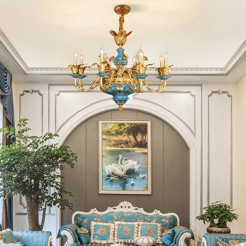 DINGFAN French Chandelier Ceramic Living Dining Room Lamp European Villa Duplex Hall Full Copper Luxury Pendent Light