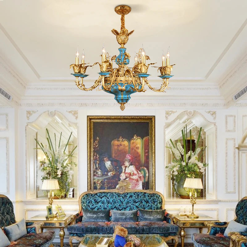 DINGFAN French Chandelier Ceramic Living Dining Room Lamp European Villa Duplex Hall Full Copper Luxury Pendent Light