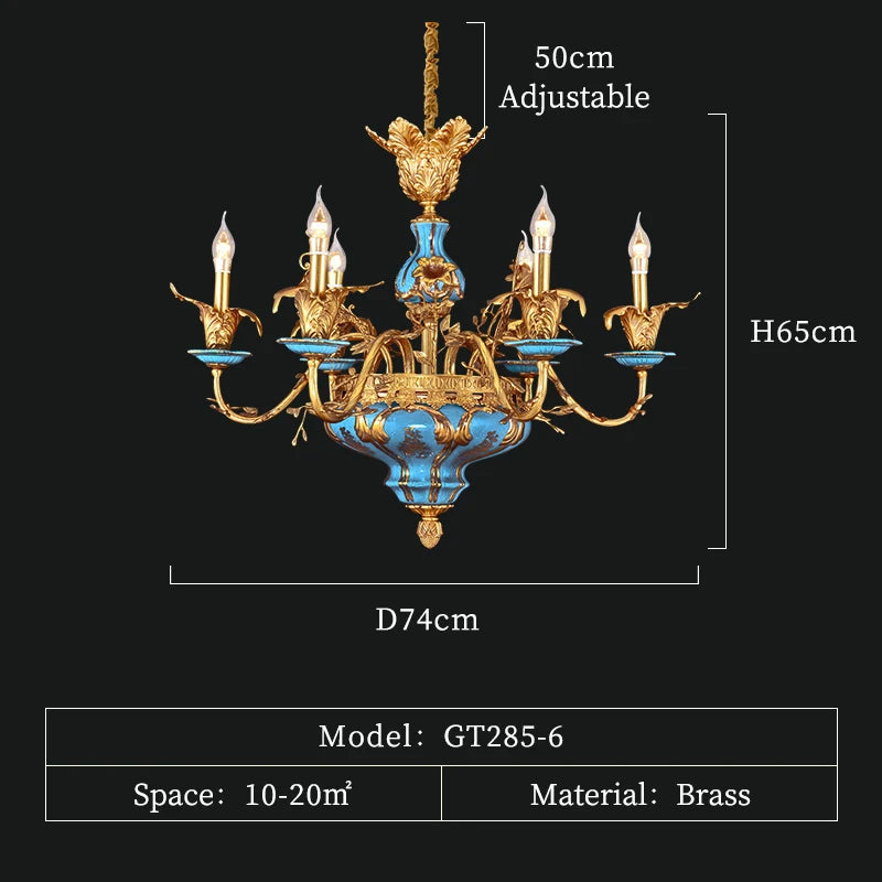 DINGFAN French Chandelier Ceramic Living Dining Room Lamp European Villa Duplex Hall Full Copper Luxury Pendent Light