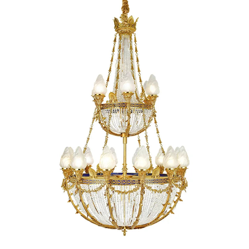 DINGFAN French Luxury Hall Crystal Chandelier Villa Living Room Full Copper Lamp European Style Hotel Lobby Pendent Light
