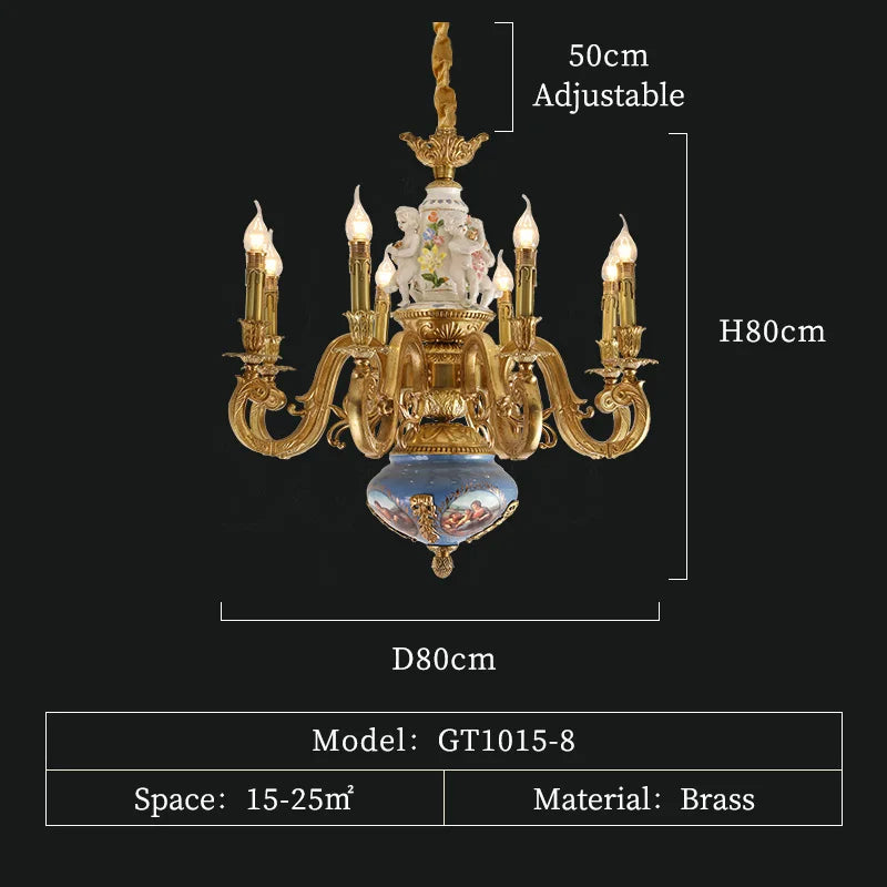 DINGFAN High-End French Décor Full Copper Chandelier Villa Hotel Classic Luxury Angel Portrait Ceramic Chandelier
