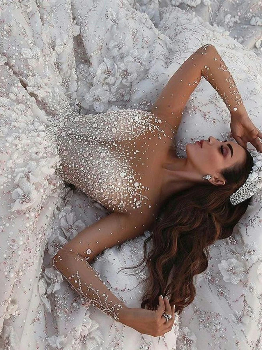 Design Dubai Royal Long Sleeve Lace Applique Crystal Flowers Wedding Dress Luxury свадебное платье vestidos de novia