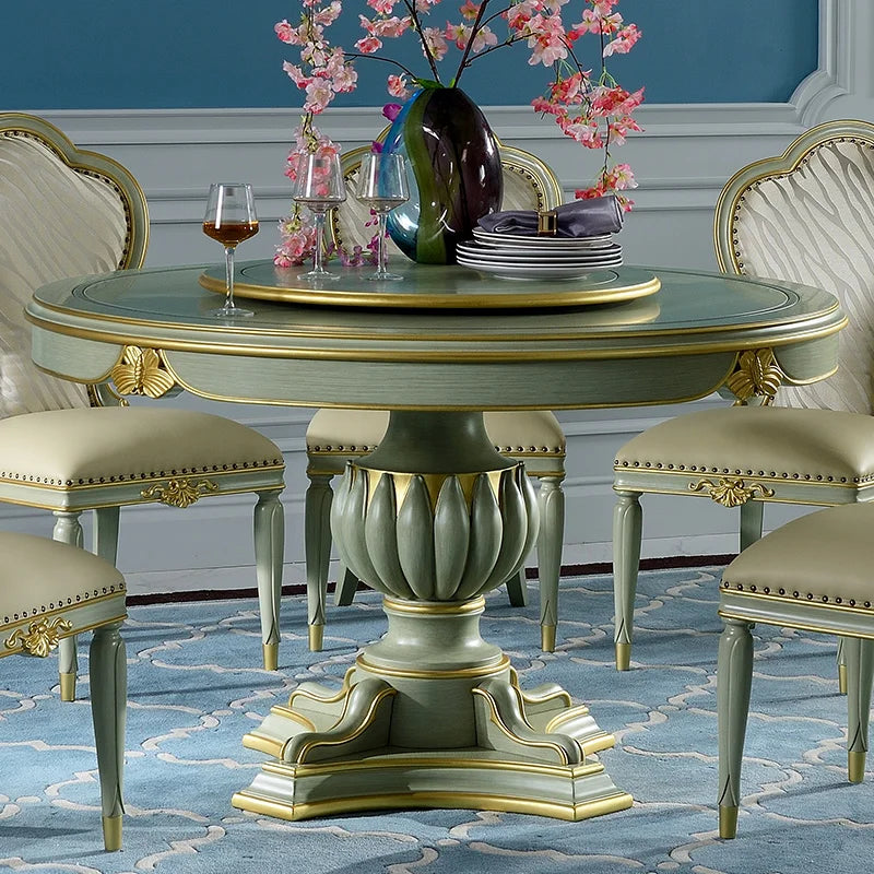 Dining table and chair combination European solid wood carved round dining table dining chairs