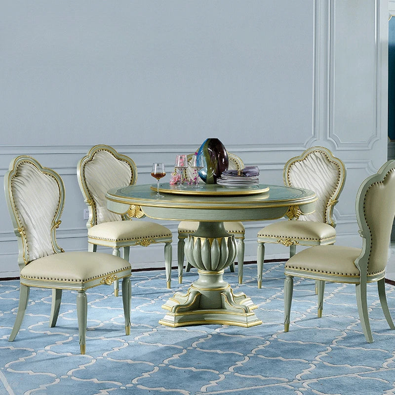 Dining table and chair combination European solid wood carved round dining table dining chairs