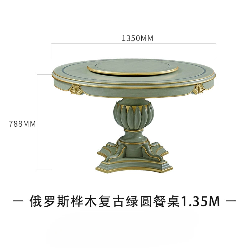 Dining table and chair combination European solid wood carved round dining table dining chairs