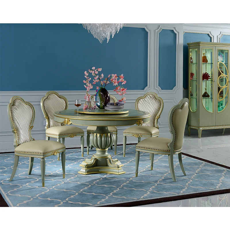 Dining table and chair combination European solid wood carved round dining table dining chairs