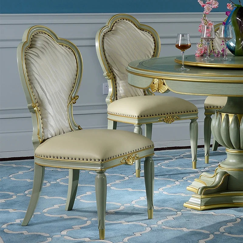 Dining table and chair combination European solid wood carved round dining table dining chairs