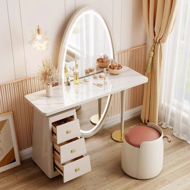 Dressing table, bedroom, minimalist desk, high-end feel, light luxury, full body dressing mirror, integrated baking paint
