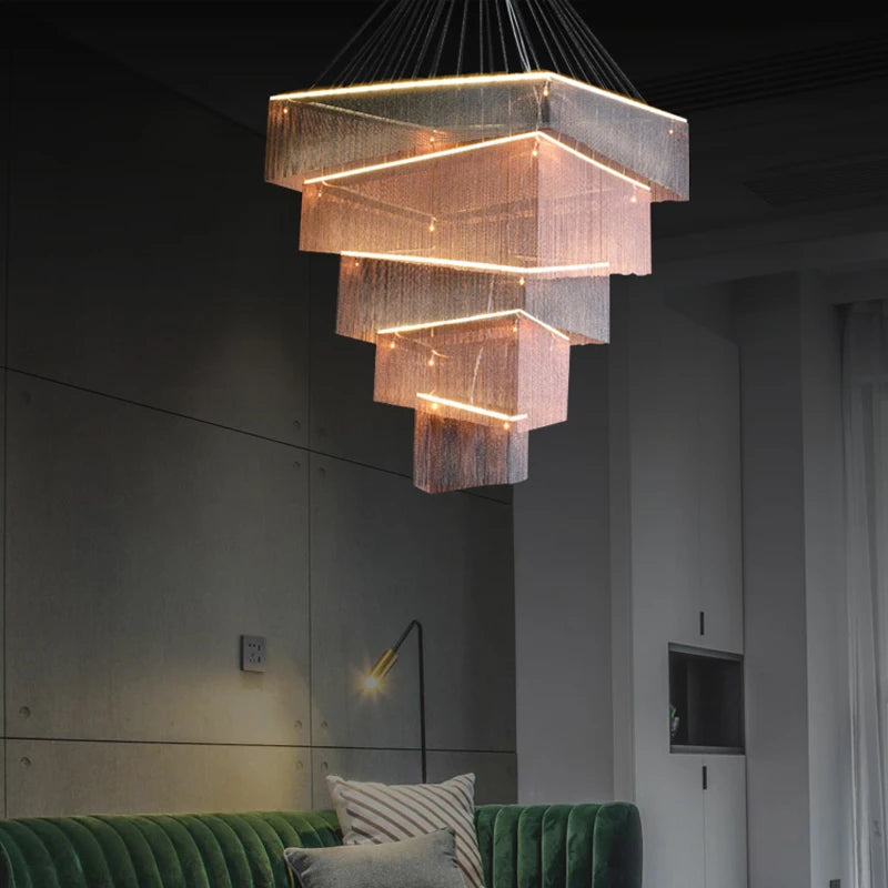 Duplex Building Chain Chandelier Lighting Europe Villa Hotel Lobby Hanging Lamp Modern Staircase Living Room Long Illumination