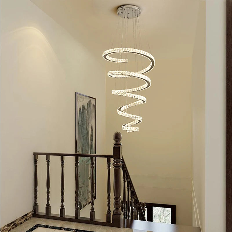 Duplex Villa Spiral Stair Long Crystal Chandelier Lighting Modern LED Chandelier Hotel Lobby Living Room Decoration Crystal Lamp