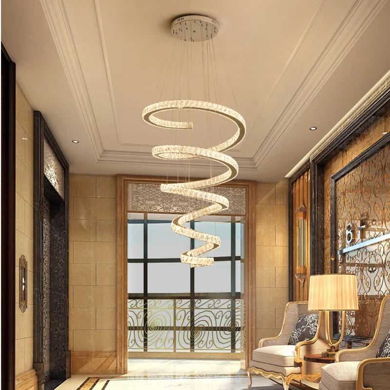 Duplex Villa Spiral Stair Long Crystal Chandelier Lighting Modern LED Chandelier Hotel Lobby Living Room Decoration Crystal Lamp