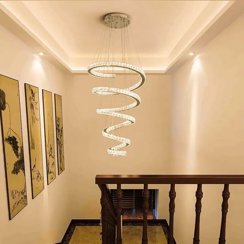 Duplex Villa Spiral Stair Long Crystal Chandelier Lighting Modern LED Chandelier Hotel Lobby Living Room Decoration Crystal Lamp