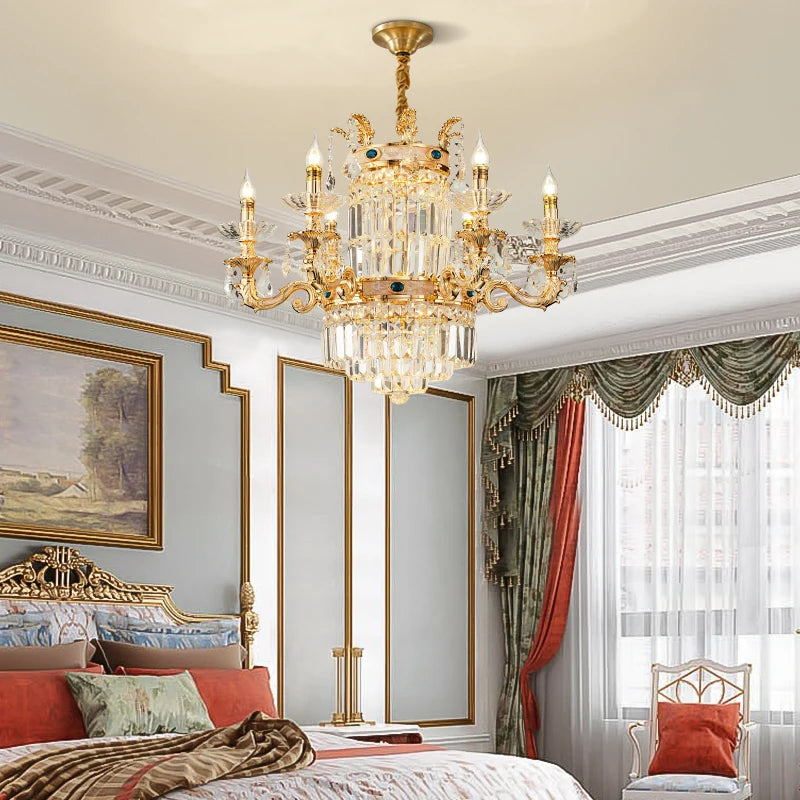 European Classic Luxury Crystal Chandelier Villa Living Room Pendent Lamp Retro French Style Duplex Building Hall Light