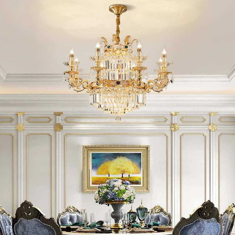 European Classic Luxury Crystal Chandelier Villa Living Room Pendent Lamp Retro French Style Duplex Building Hall Light
