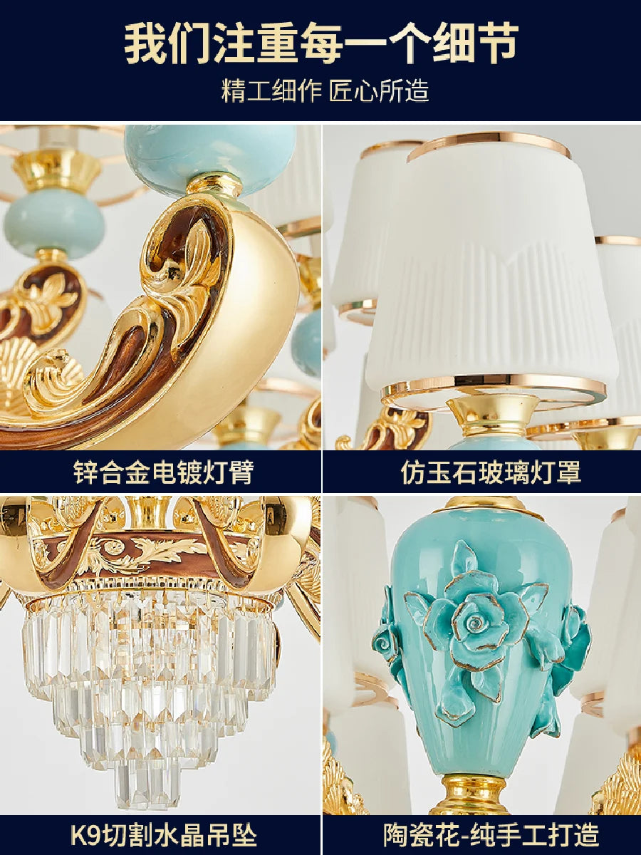 European Crystal Luxury LED Chandelier Lighting Zinc Alloy Living Room Household Hanging Lamp Ceramic Bedroom Villa New Fixtures