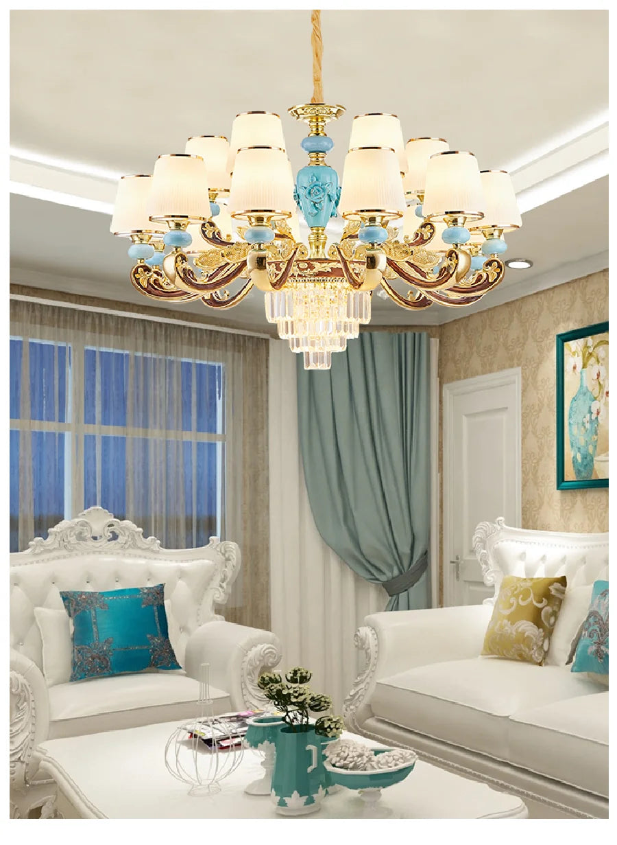 European Crystal Luxury LED Chandelier Lighting Zinc Alloy Living Room Household Hanging Lamp Ceramic Bedroom Villa New Fixtures
