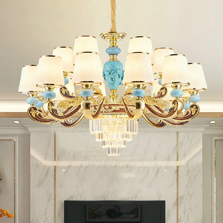 European Crystal Luxury LED Chandelier Lighting Zinc Alloy Living Room Household Hanging Lamp Ceramic Bedroom Villa New Fixtures