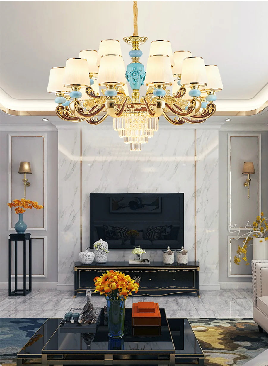 European Crystal Luxury LED Chandelier Lighting Zinc Alloy Living Room Household Hanging Lamp Ceramic Bedroom Villa New Fixtures