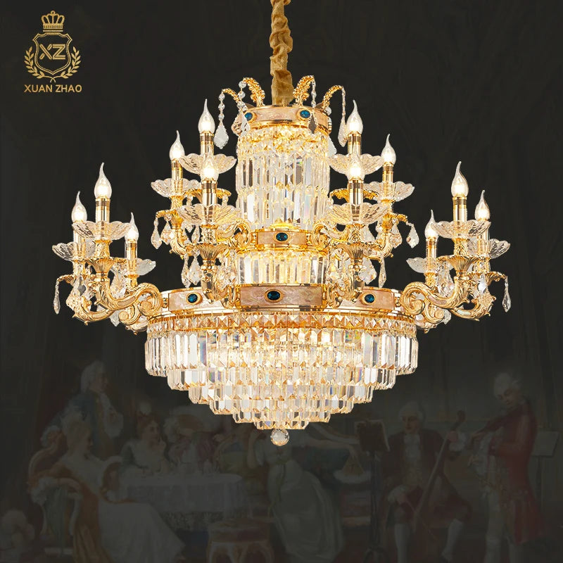 European Light Luxury Crystal Copper Pendant Lamp French Villa Luxury Jump Floor Hollow Duplex Building Living Room Brass Lights