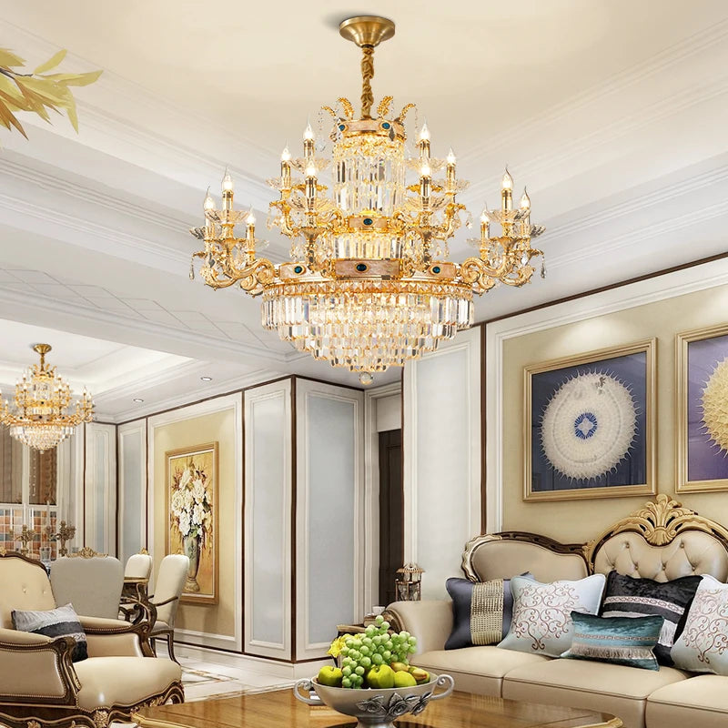 European Light Luxury Crystal Copper Pendant Lamp French Villa Luxury Jump Floor Hollow Duplex Building Living Room Brass Lights