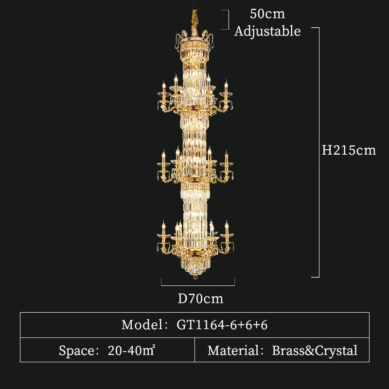 European Light Luxury Crystal Copper Pendant Lamp French Villa Luxury Jump Floor Hollow Duplex Building Living Room Brass Lights