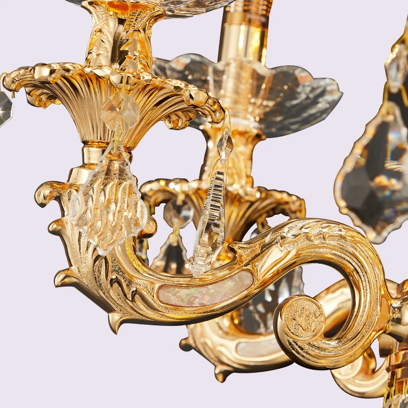 European Light Luxury Crystal Copper Pendant Lamp French Villa Luxury Jump Floor Hollow Duplex Building Living Room Brass Lights