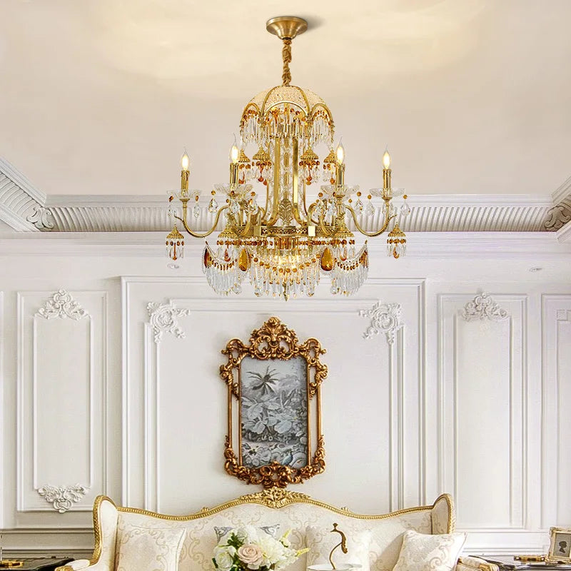 European Style Luxury Living Room Crystal Decorative Pendant Light French Hotel Lobby Villa Duplex Dining Room Brass Chandelier