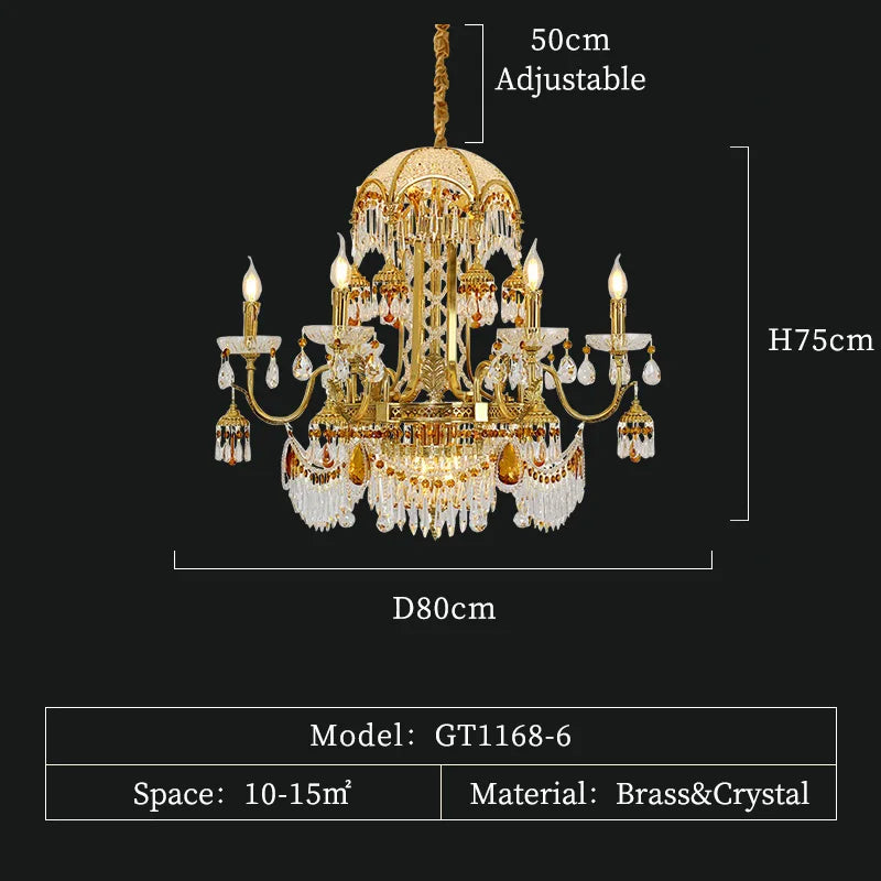 European Style Luxury Living Room Crystal Decorative Pendant Light French Hotel Lobby Villa Duplex Dining Room Brass Chandelier