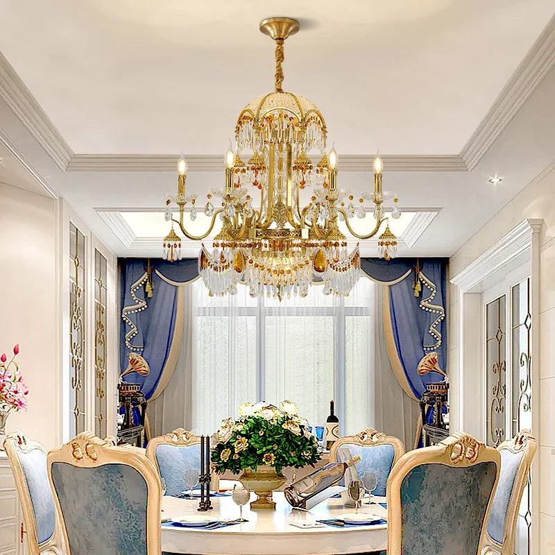 European Style Luxury Living Room Crystal Decorative Pendant Light French Hotel Lobby Villa Duplex Dining Room Brass Chandelier