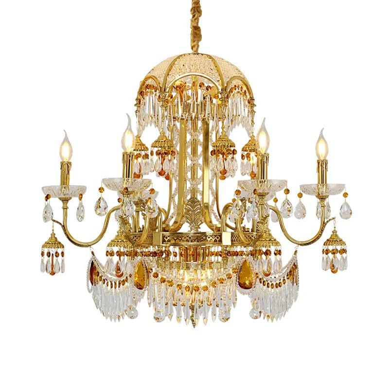 European Style Luxury Living Room Crystal Decorative Pendant Light French Hotel Lobby Villa Duplex Dining Room Brass Chandelier