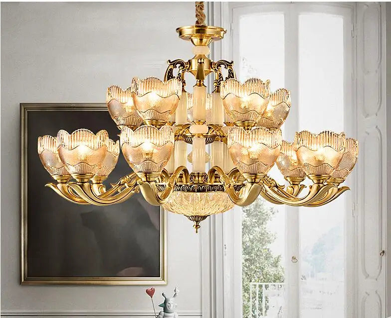 European carved copper jade crystal chandelier living room luxurious atmosphere villa restaurant light in the bedroom