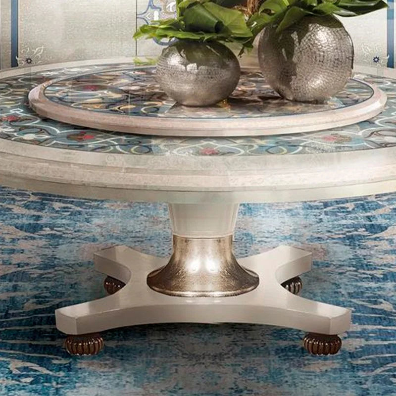 European deluxe solid wood carved table and chair combination household turntable French dining table