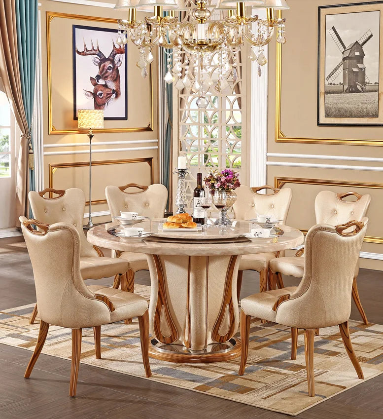 European marble round table European light yellow villa table and chair combination household dining table restaurant luxury din