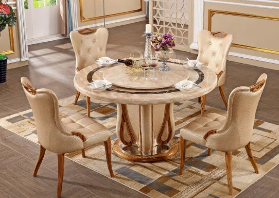 European marble round table European light yellow villa table and chair combination household dining table restaurant luxury din