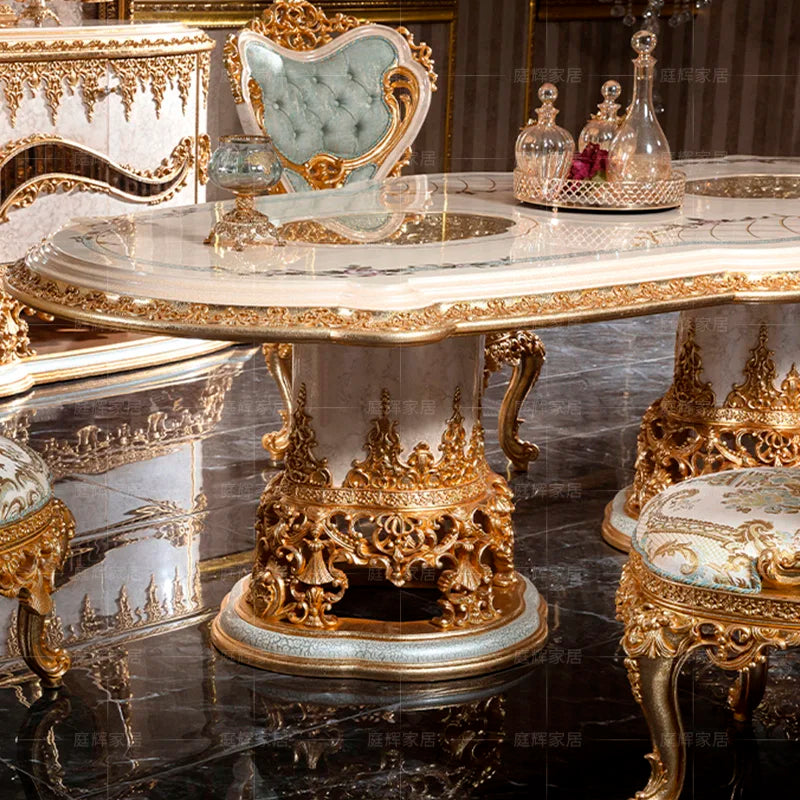European solid wood gold foil oval table French style dining chair combination luxury villa furniture customization