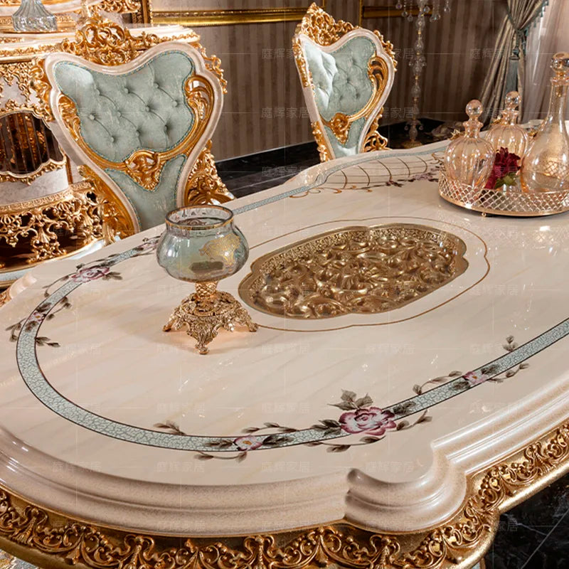 European solid wood gold foil oval table French style dining chair combination luxury villa furniture customization