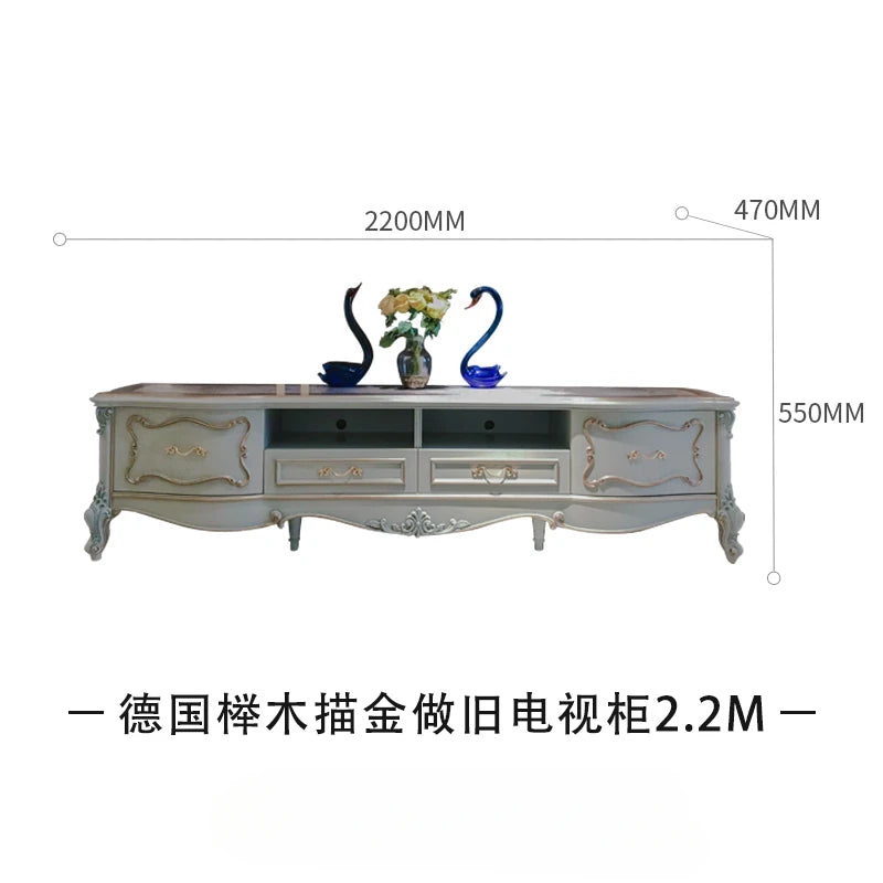 European-style 2.2m TV cabinet with solid wood and gold foil 1.9M floor cabinet locker