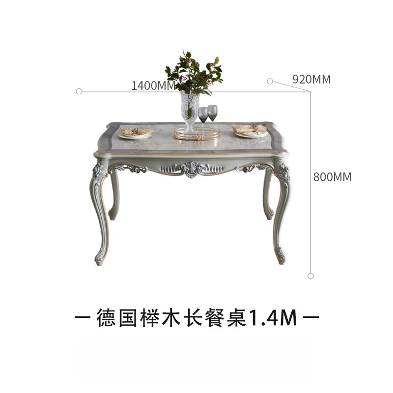 European style carved 1.4 dining table, painted wood grain dining table, solid wood dining table and chair combination