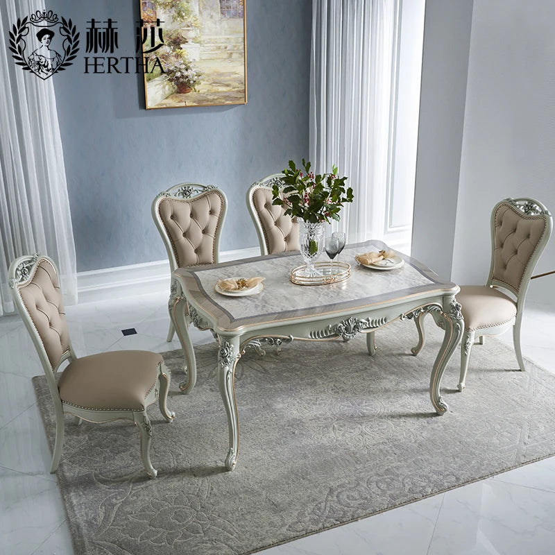European style carved 1.4 dining table, painted wood grain dining table, solid wood dining table and chair combination