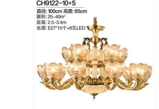 European style carved copper jade crystal chandelier for living room luxury villa dining bedroom lamp
