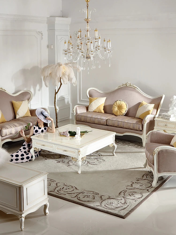 European style minimalist living room mercerized jacquard three person fabric sofa coffee table combination
